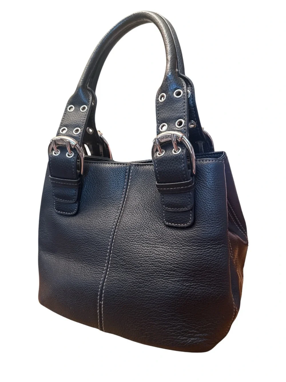 Tignanello Black Pebbled Leather Shoulder Bag with Buckle Straps
